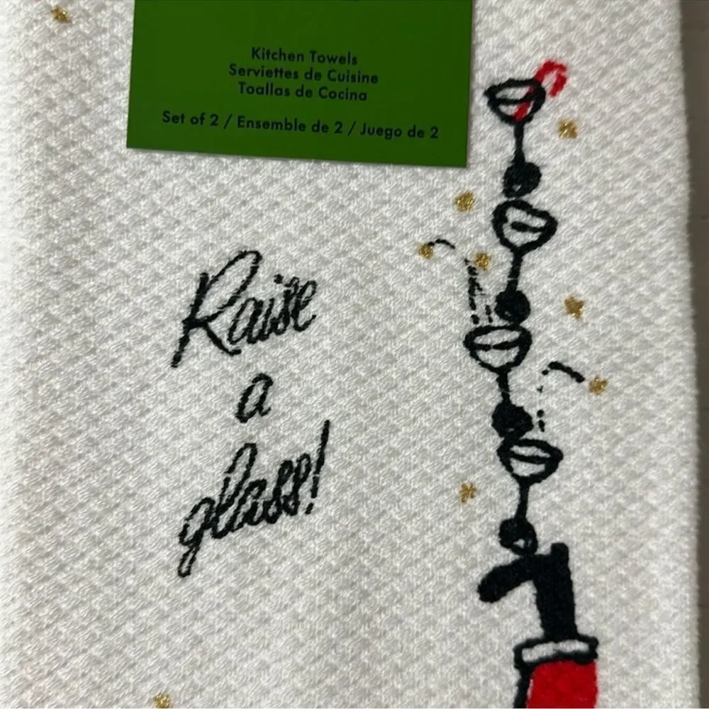 kate spade Jolly Santa Raise a Glass White Gold Red Cotton Kitchen 2 Towel Set